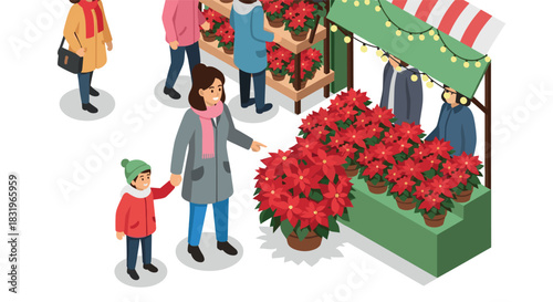 Festive holiday market: people enjoying poinsettia display in winter wonderland