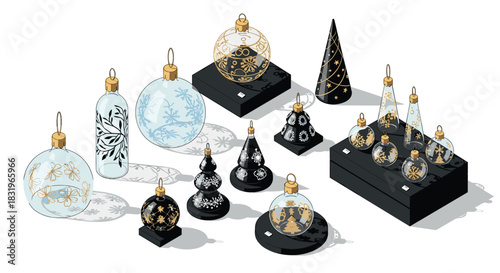 Elegant holiday decorations showcase festive ornaments with floral patterns
