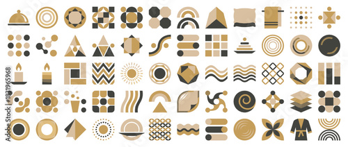 Geometric design icons set. containing circle, square, triangle, hexagon, wave, spiral, grid, abstract, stripes, dots, pattern and more. Vector collection