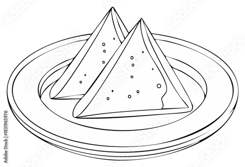 Two triangular traditional fried snacks on a plate simple outline drawing