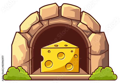 A whimsical cartoon illustration of a giant wedge of cheese resting inside a stone cave shrine or rocky archway