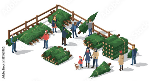 Isometric christmas tree market scene with families choosing trees