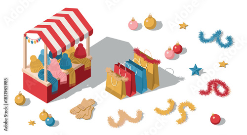 Festive market stall with winter accessories and colorful decorations in isometric design