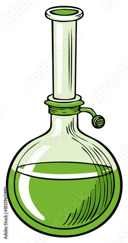 Cartoon illustration of a round bottom flask filled with bright green liquid and a stopper