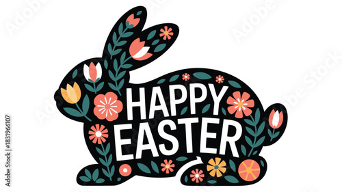 Happy easter greeting with a decorative bunny silhouette filled with floral patterns and text