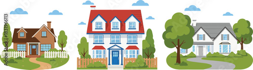 Cartoon Suburban Houses Collection with Cozy Family Homes Gardens and Trees Colorful Flat Vector Illustration Set