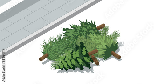Isometric pile of christmas trees near a sidewalk