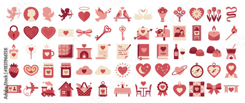 Love and valentine icons set. featuring heart, cupid, rose, gift, letter, lock, arrow, candle, key, and more. Vector collection