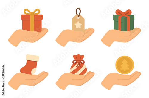 Festive gift icons on hand: holidays, christmas, presents, joyful, celebration