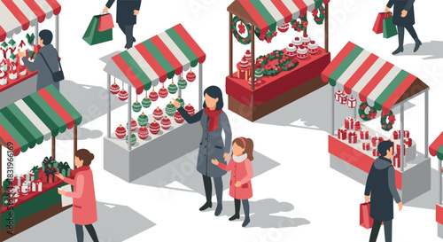 Isometric holiday market with festive stalls and shoppers