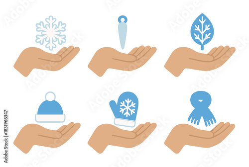 Hand icons with winter symbols including snowflake and mitten