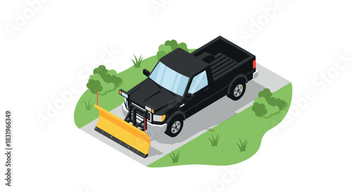 Isometric black pickup truck with snow plow on driveway