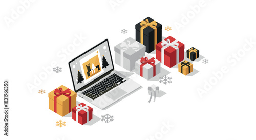 Festive isometric holiday scene with laptop and gift boxes