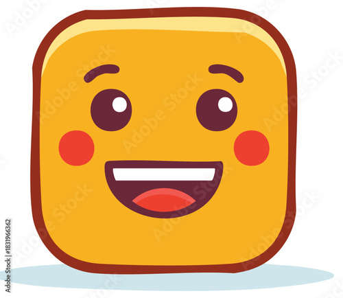Joyful cartoon square emoji with smiling face and blushing cheeks conveying happiness