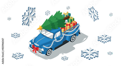 Vintage blue truck with christmas tree and gift boxes surrounded by snowflakes