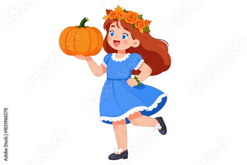 Happy girl holding a pumpkin with autumn flowers in her hair