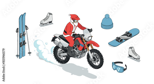 Santa biker with winter sports gear: skiing, skating, snowboarding fun