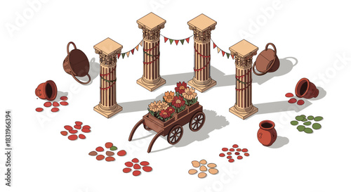 Ancient roman columns and traditional decorations with flower cart