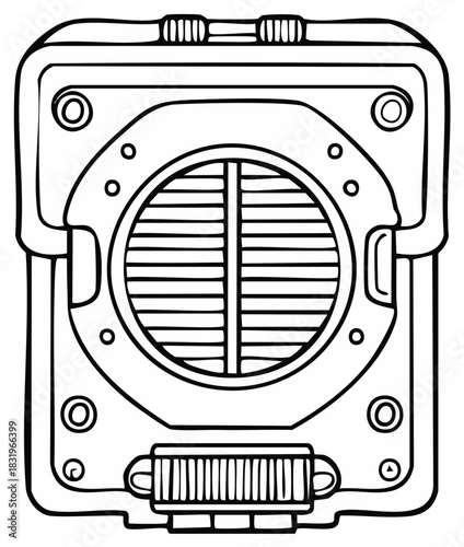 Detailed outline illustration of a retro futuristic mechanical device with a circular grille
