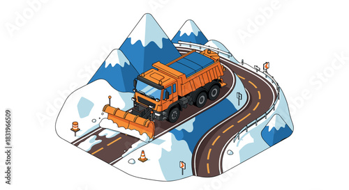 Snowplow clearing mountain road in winter isometric scene