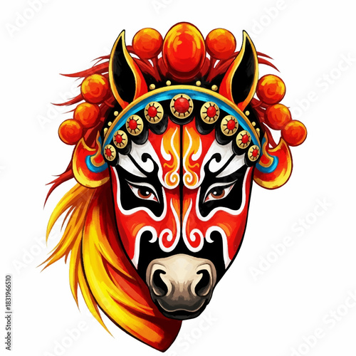A horse character stylized with elements of traditional Chinese opera mask design, vibrant and highly decorative.