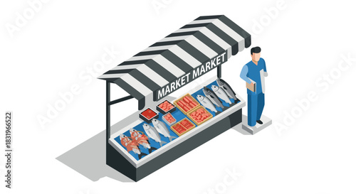 Isometric market stall with fresh fish and seafood vendor in blue uniform