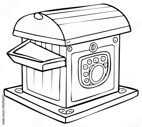 Whimsical cartoon machine with a dial and control panel line art illustration for coloring