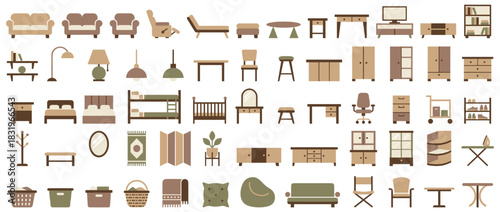 Home and office furniture icon set. containing sofa, bed, table, chair, lamp, desk, bookshelf, cabinet, and more. Vector collection