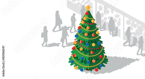 Isometric christmas tree with colorful decorations and shoppers in background