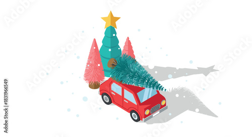Isometric winter scene with red car and christmas trees under falling snowflakes