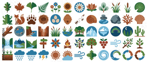 Nature and wildlife icon set. includes leaf, flower, paw, nest, tree, water, mountain, sun, wind, cloud, and more. Vector collection