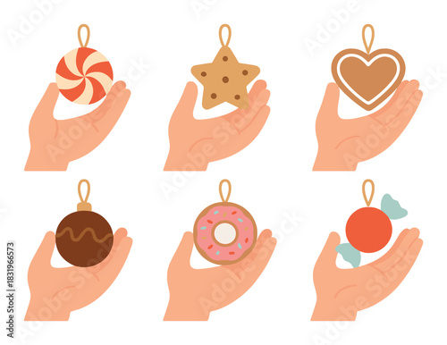 Hands holding festive holiday ornaments in various shapes and colors