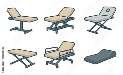 Variety of medical examination tables with adjustable features