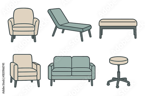 Minimalist furniture collection: chairs, sofas, stools, ottomans, loungers
