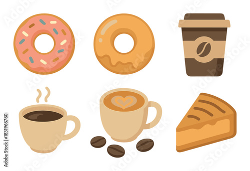 Assorted donuts and coffee with cheesecake in warm tones