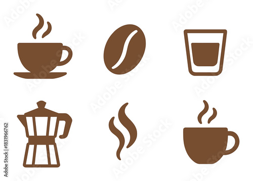 Coffee icons on brown gradient background: cup, bean, and espresso glass designs