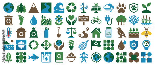 Environment and sustainability icon set. containing recycle, nature, renewable, eco-friendly, conservation and more. Vector collection