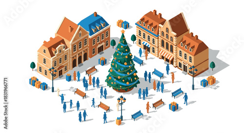 Winter festivities in a european town square with christmas tree and gifts