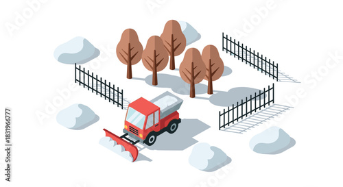 Isometric winter scene with snow plow and bare trees