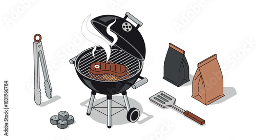 Isometric backyard barbecue with grill and steak
