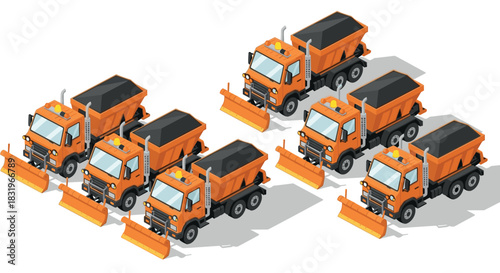 Snowplow fleet in isometric view for winter road maintenance