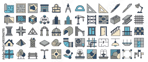 Architecture and construction icon set. includes blueprint, building, compass, protractor, ruler, pen, lamp, column, arch, crane. Vector collection