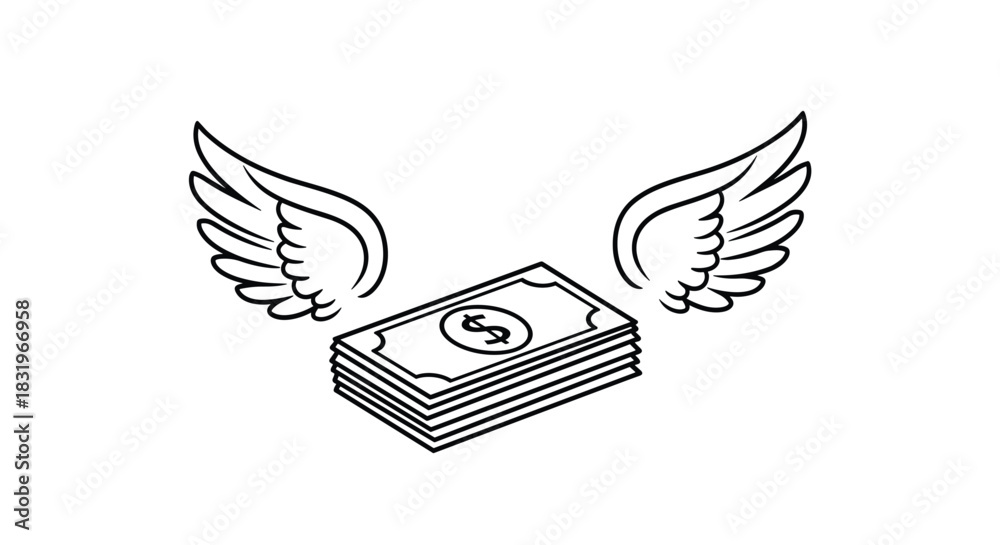 Naklejka premium Minimalist linear design of money with wings representing financial freedom