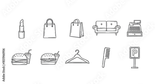 Hand drawn everyday icons: beauty, shopping, dining, home, retail