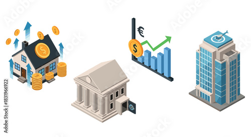 Isometric real estate investment concepts with coins, bank, and office building