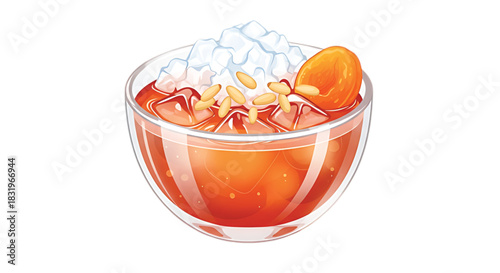 Refreshing iced dessert with vibrant orange liquid, crushed ice, and a single apricot slice.