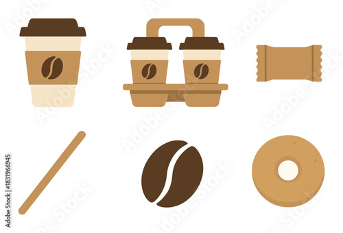 Coffee icons with cups, beans, cookies and stirrer on a golden background