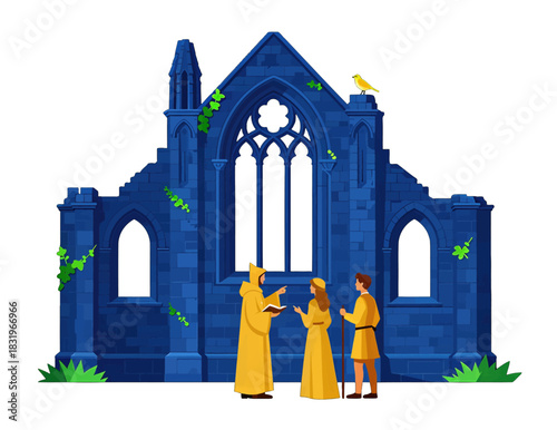 Medieval characters gathered outside a stone Gothic chapel at night