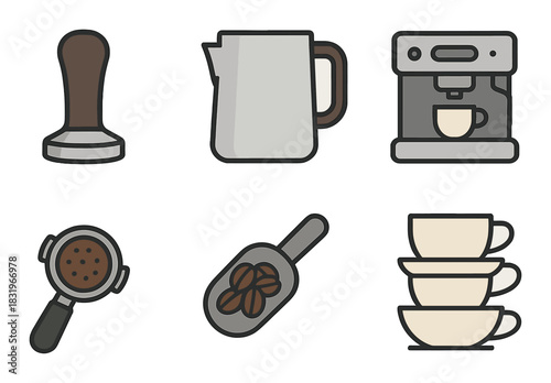 Coffee making essentials: espresso machine, tamper, milk jug, portafilter, beans, cups