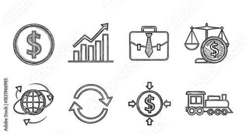 Sketch style finance icons featuring money, graphs, and business elements in black and white